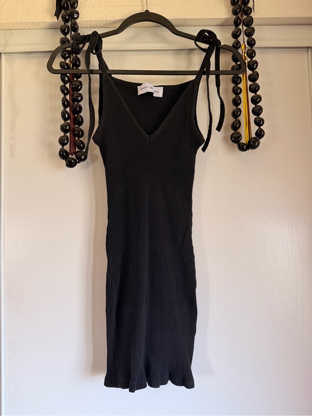 Tie-Shoulder Ribbed Mini Dress - Black